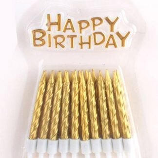 Extreme Golden Candles with Holder & Happy Birthday Topper – 20 pcs